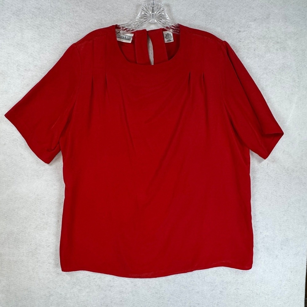 Christie & Jill Red Short Sleeve Pleated Front Blouse Large Vintage Style USA